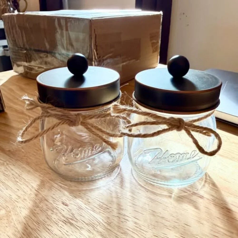 Oil Rubbed Bronze Glass Jars Bathroom Kitchen Organizers Apothecary Vanity 2 Pk